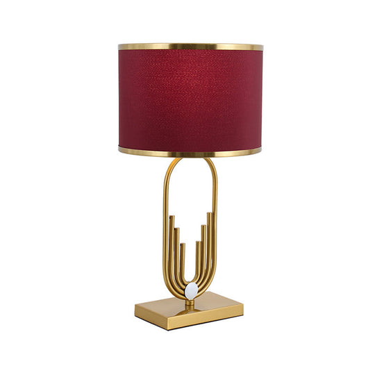 Red Fabric Drum Nightstand Lamp: Simplicity 1 Bulb Bedside Table Lighting For Living Room