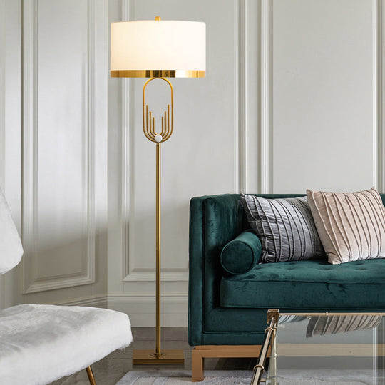 Vintage Brass Fabric Drum Floor Lamp - Single Bulb Standing Lighting For Living Room