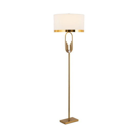 Vintage Brass Fabric Drum Floor Lamp - Single Bulb Standing Lighting For Living Room