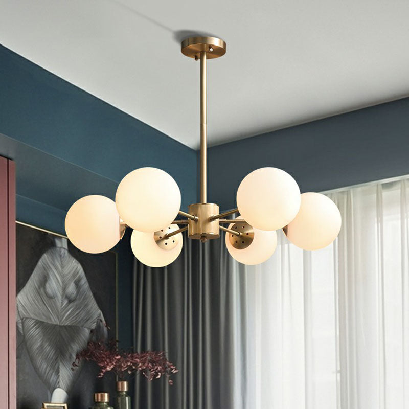 Frosted White Glass Ball Chandelier With Minimalist Gold Finish - Elegant Ceiling Light For Dining