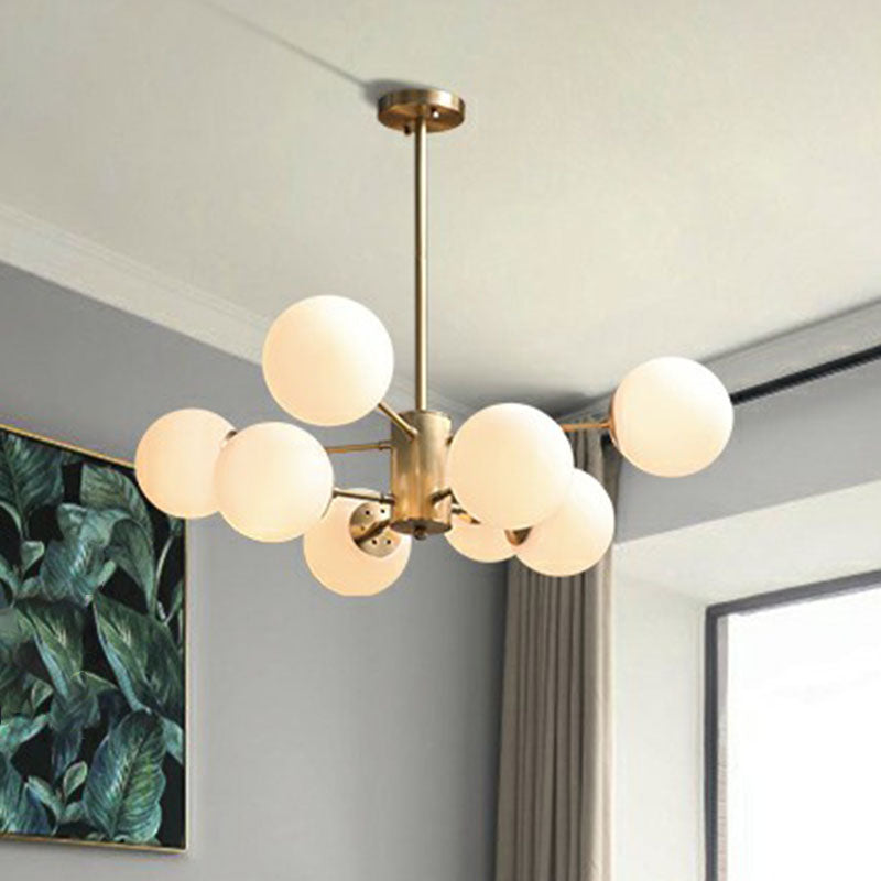Frosted White Glass Ball Chandelier With Minimalist Gold Finish - Elegant Ceiling Light For Dining
