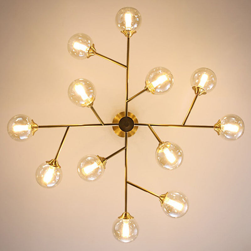 Golden Metal Chandelier With Amber Glass Shade - Modern Hanging Ceiling Light