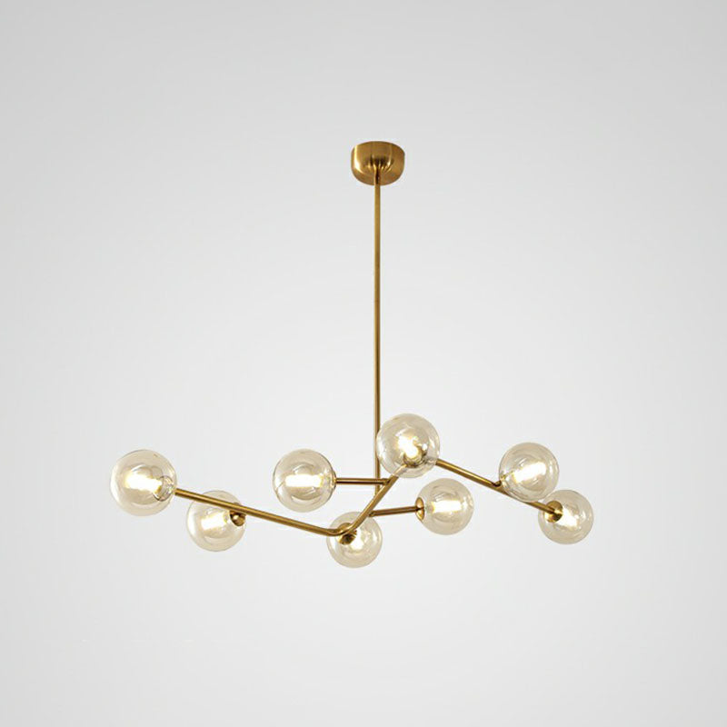 8-Light Brass Finish Molecular Chandelier with Glass Ball Shades for Simple yet Elegant Suspension Lighting