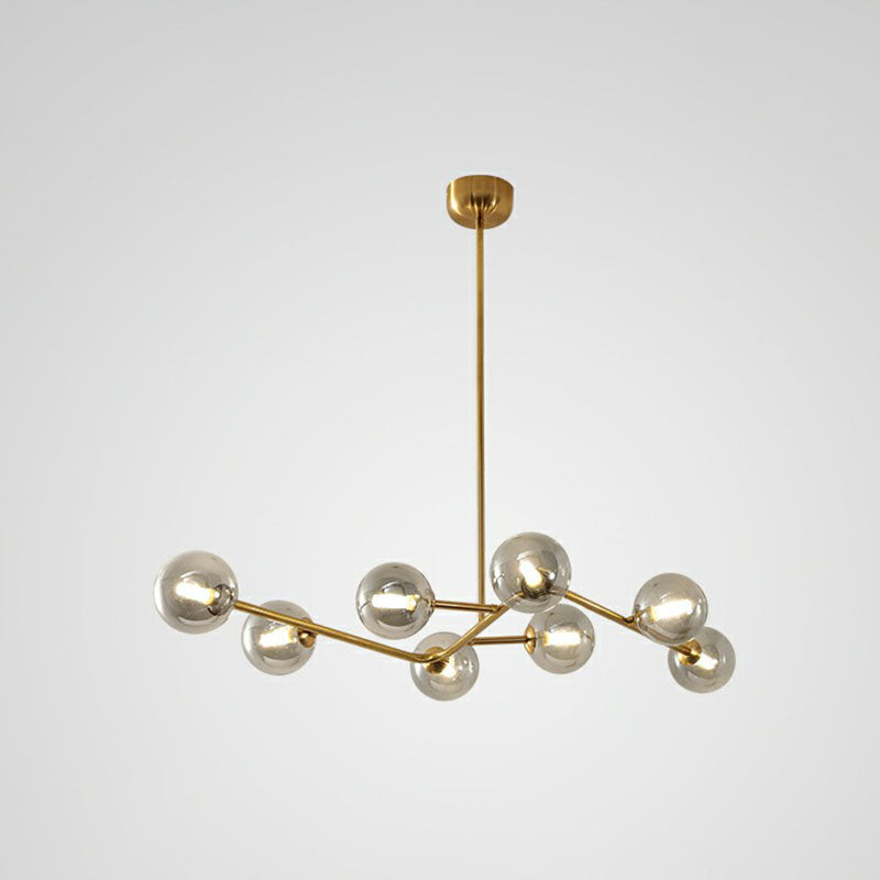 Sleek Brass Finish Molecule Chandelier: Simplicity In 8-Bulb Metal Suspension Light With Glass Ball