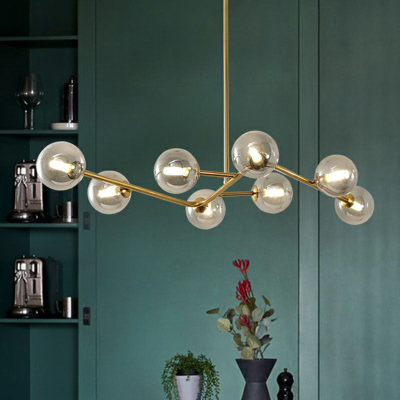 Sleek Brass Finish Molecule Chandelier: Simplicity In 8-Bulb Metal Suspension Light With Glass Ball