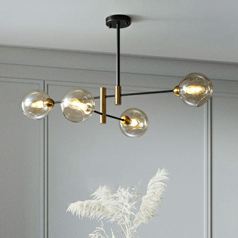 Minimalist Glass Dome Chandelier - Black and Brass Suspended Lighting Fixture for Dining Room