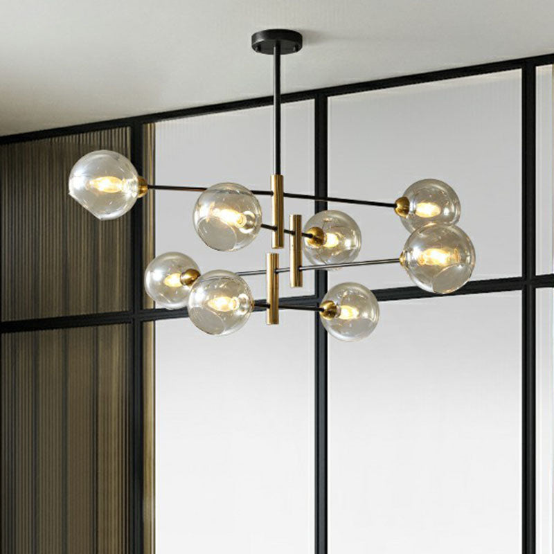 Minimalist Glass Dome Chandelier - Black and Brass Suspended Lighting Fixture for Dining Room