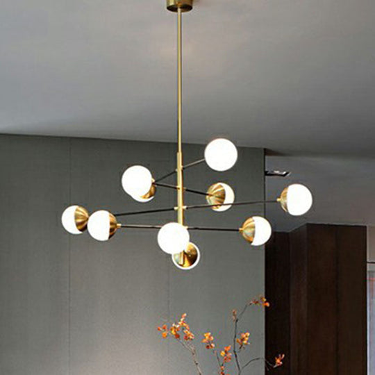 White Glass Postmodern Hanging Chandelier - Tiered Restaurant Ceiling Light in Gold