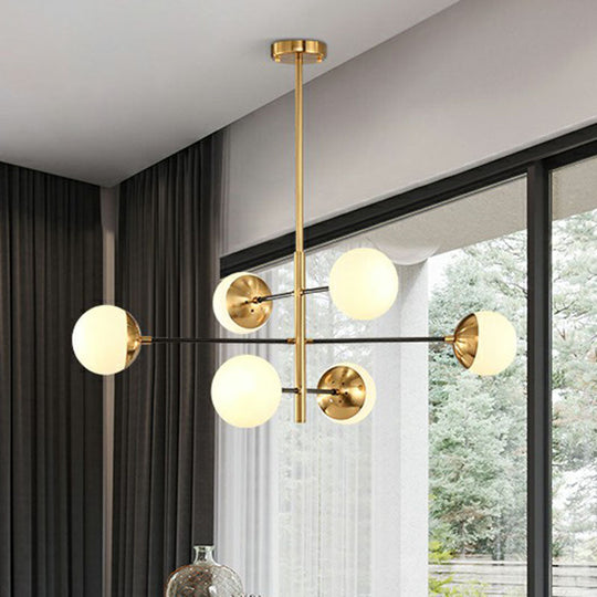 Postmodern Gold-Toned Tiered Restaurant Chandelier With White Glass Balls - Hanging Light Fixture