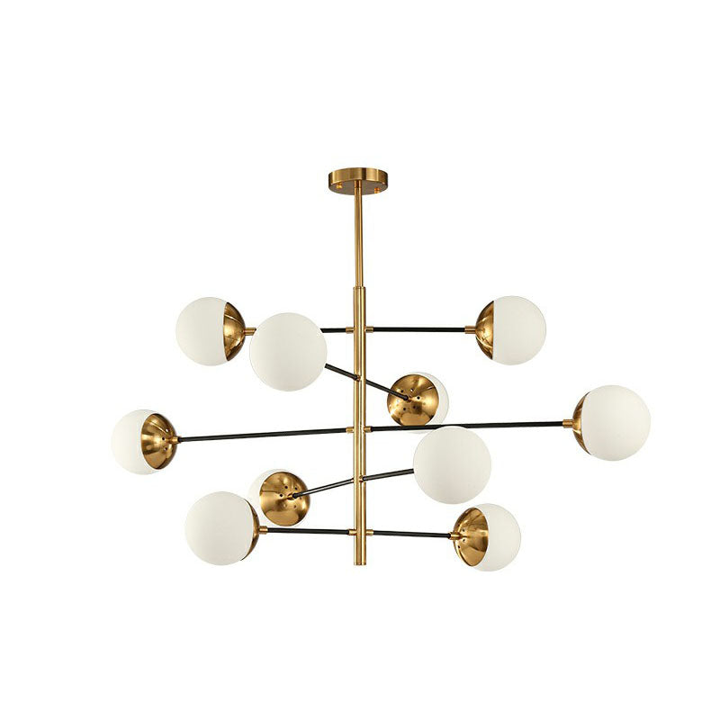 Postmodern Gold-Toned Tiered Restaurant Chandelier With White Glass Balls - Hanging Light Fixture 10