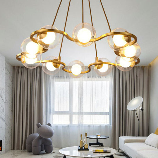Modern Brass Finish Floral Ring Chandelier With Glass Ball Shade