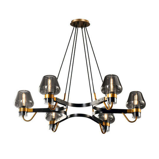 Postmodern Black-Brass Living Room Chandelier With Glass Cone Shade