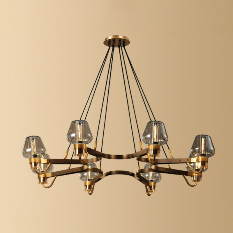 Postmodern Black-Brass Living Room Chandelier With Glass Cone Shade 8 / Cognac