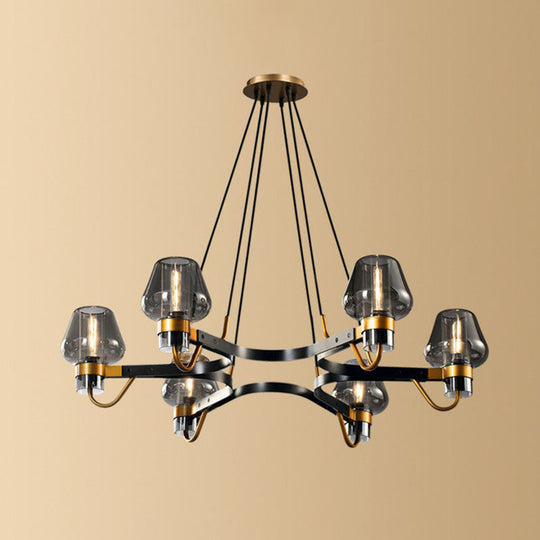 Postmodern Black-Brass Chandelier with Cone Glass Shade for Living Rooms