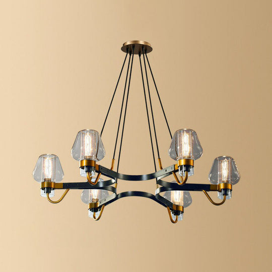 Postmodern Black-Brass Living Room Chandelier With Glass Cone Shade 6 / Clear