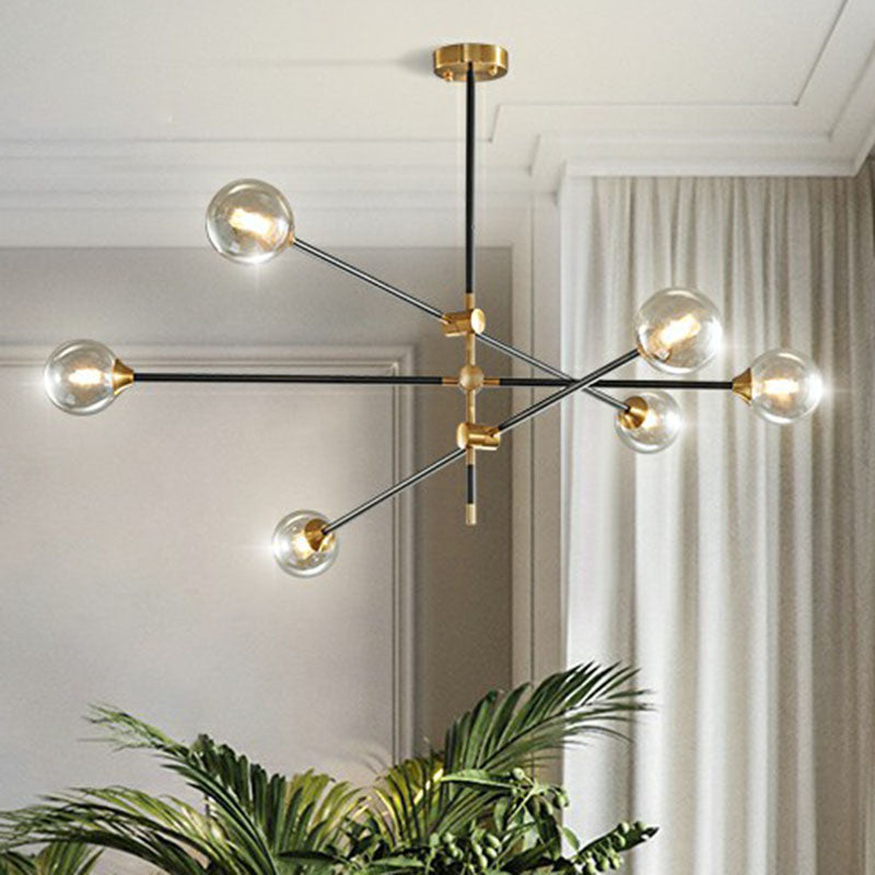 Minimalistic Black-Brass Led Chandelier: Ball Glass Suspension Light With Adjustable Arm