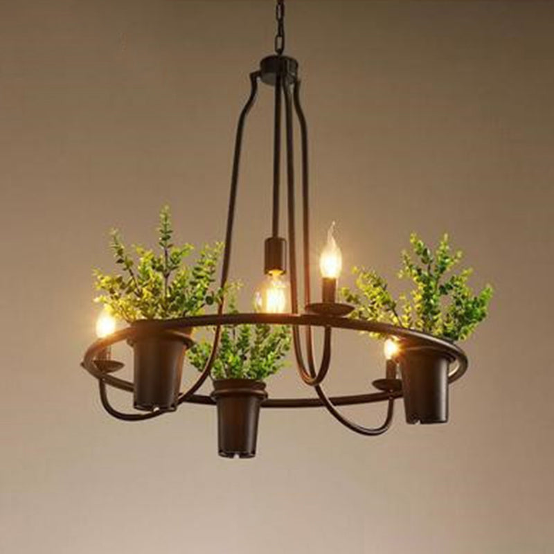 Country Metallic 4-Light Green Pendant Chandelier with Leaf Decoration - Circle Dining Room Light