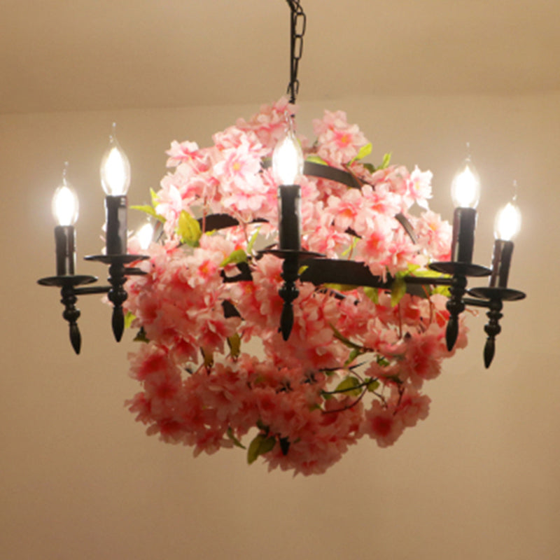 Pink Cherry Blossom Farmhouse Chandelier - Metal Dining Room Suspension Light Fixture