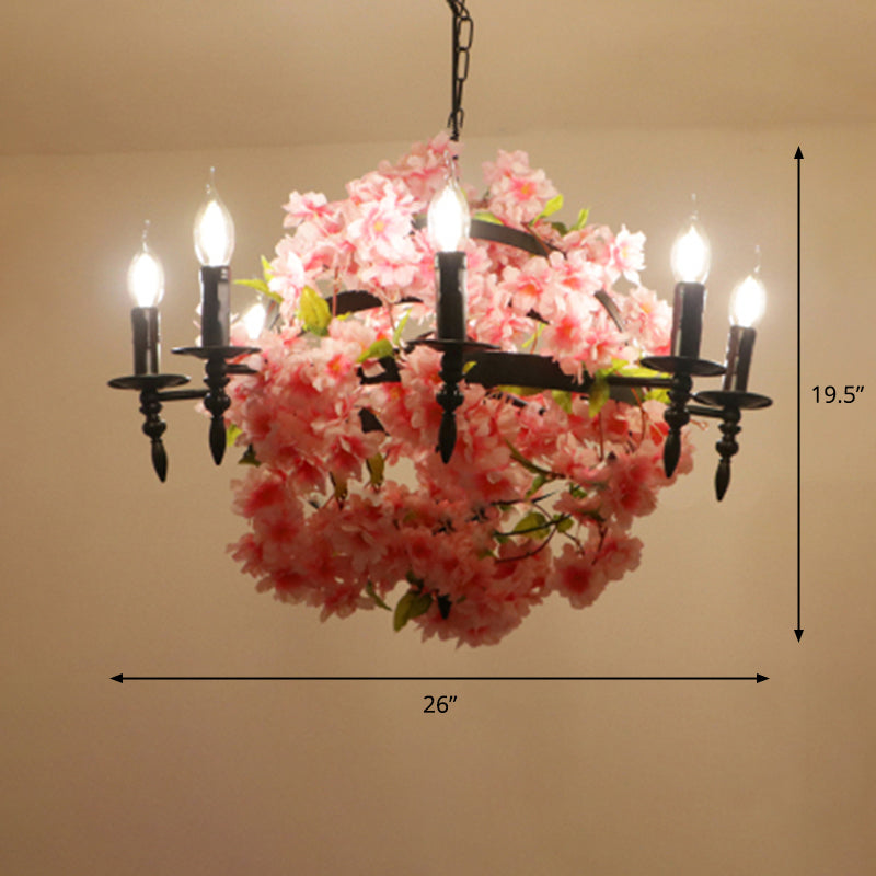 Farmhouse Metal Dining Room Suspension Light Fixture - Pink Cherry Blossom Chandelier