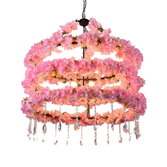 Loft Style Pink Metallic Hanging Ceiling Light With Crystal Deco - 6-Bulb Cherry Wreath Chandelier