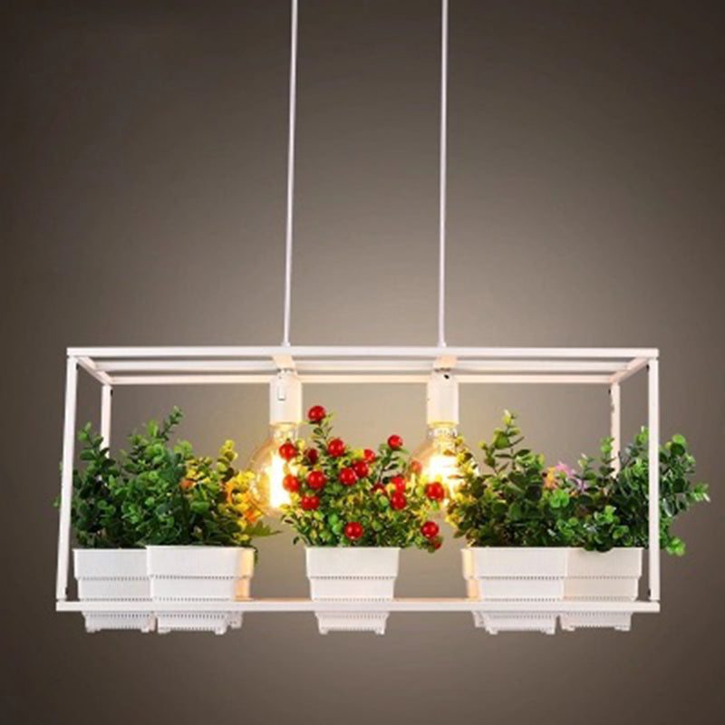 Metal 2-Head Rectangle Pendant Light Fixture For Restaurants With Hanging Artificial Bonsai White