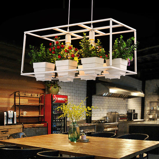 Metal 2-Head Rectangle Pendant Light Fixture For Restaurants With Hanging Artificial Bonsai