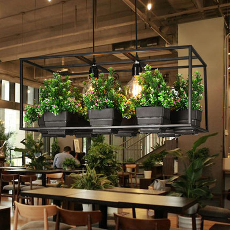 Metal 2-Head Rectangle Pendant Light Fixture For Restaurants With Hanging Artificial Bonsai Black