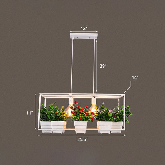 Metal 2-Head Rectangle Pendant Light Fixture For Restaurants With Hanging Artificial Bonsai