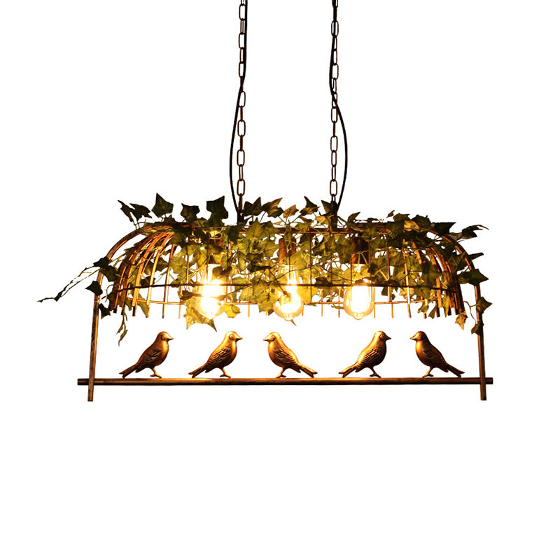 Rustic Island Ceiling Light With Cast Iron Birdcage Fixture Bird & Leaf Deco