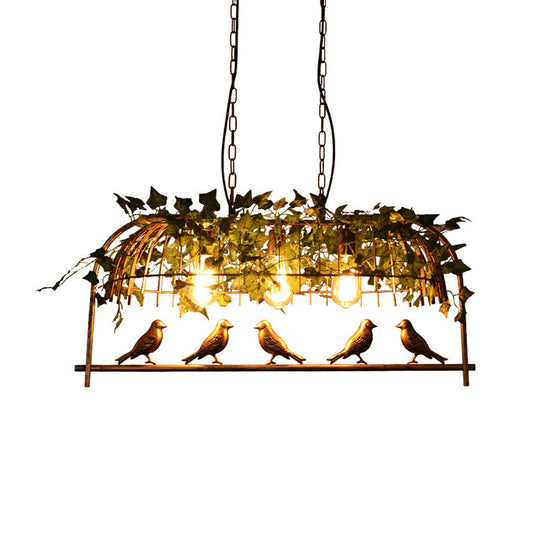 Rustic Island Ceiling Light With Cast Iron Birdcage Fixture Bird & Leaf Deco