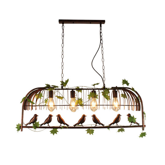 Birdcage Pendant Light - Rustic Wrought Iron Island Lamp With Vine And Bird Deco For Dining Room