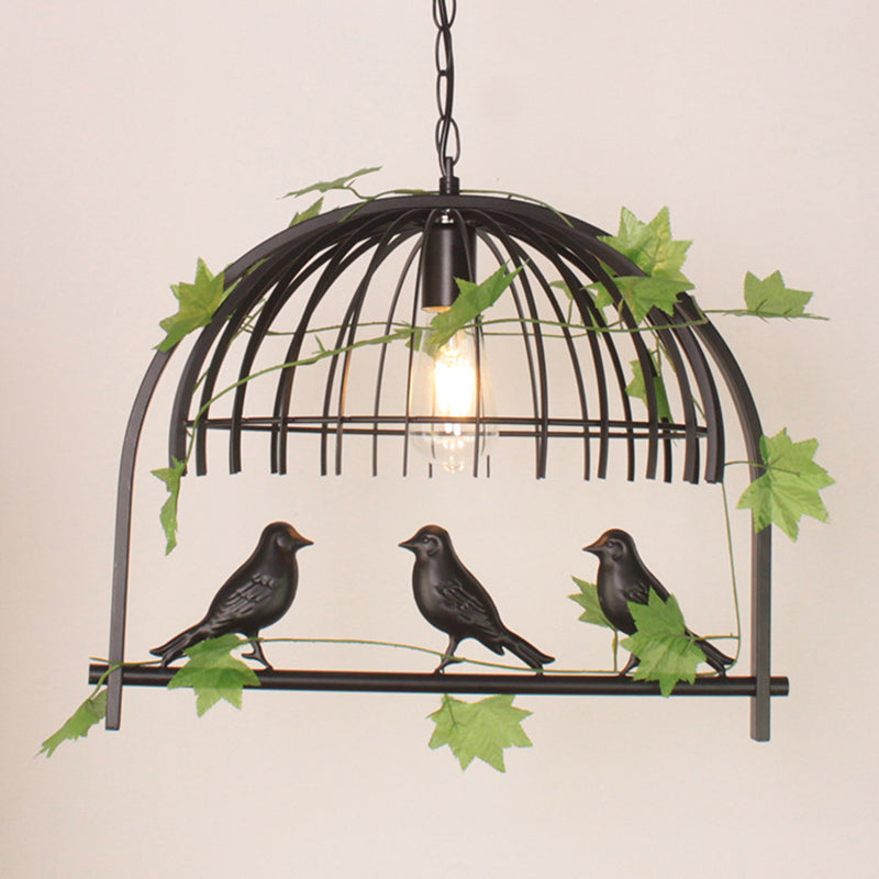 Birdcage Pendant Light - Rustic Wrought Iron Island Lamp With Vine And Bird Deco For Dining Room
