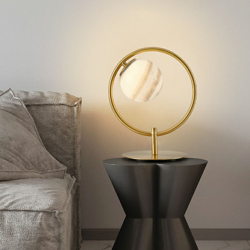 Planet Table Lamp: Nordic Gold Finish Stained Glass Night Light With Metal Ring