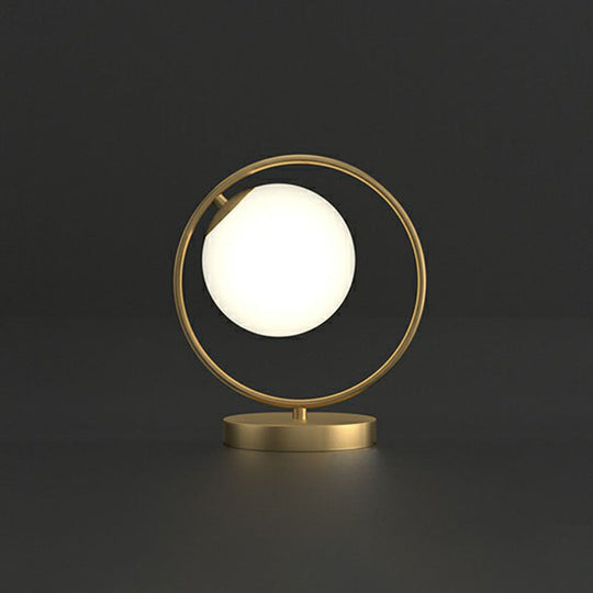 White Glass Ball Bedside Lamp With Gold Ring Decor - Single Minimalistic Table Light / B