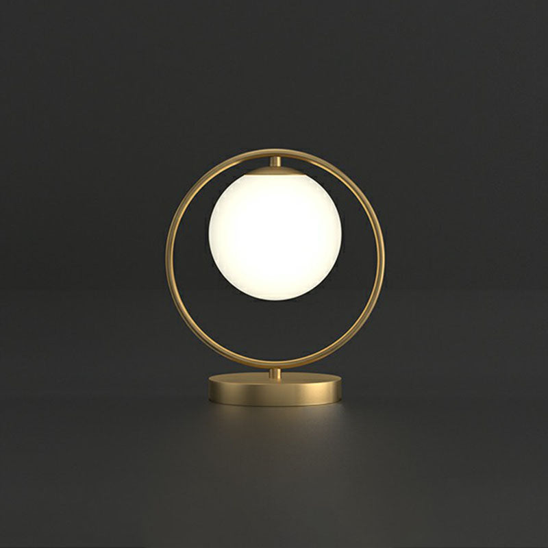 White Glass Ball Bedside Lamp With Gold Ring Decor - Single Minimalistic Table Light / A