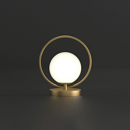 White Glass Ball Bedside Lamp With Gold Ring Decor - Single Minimalistic Table Light / C