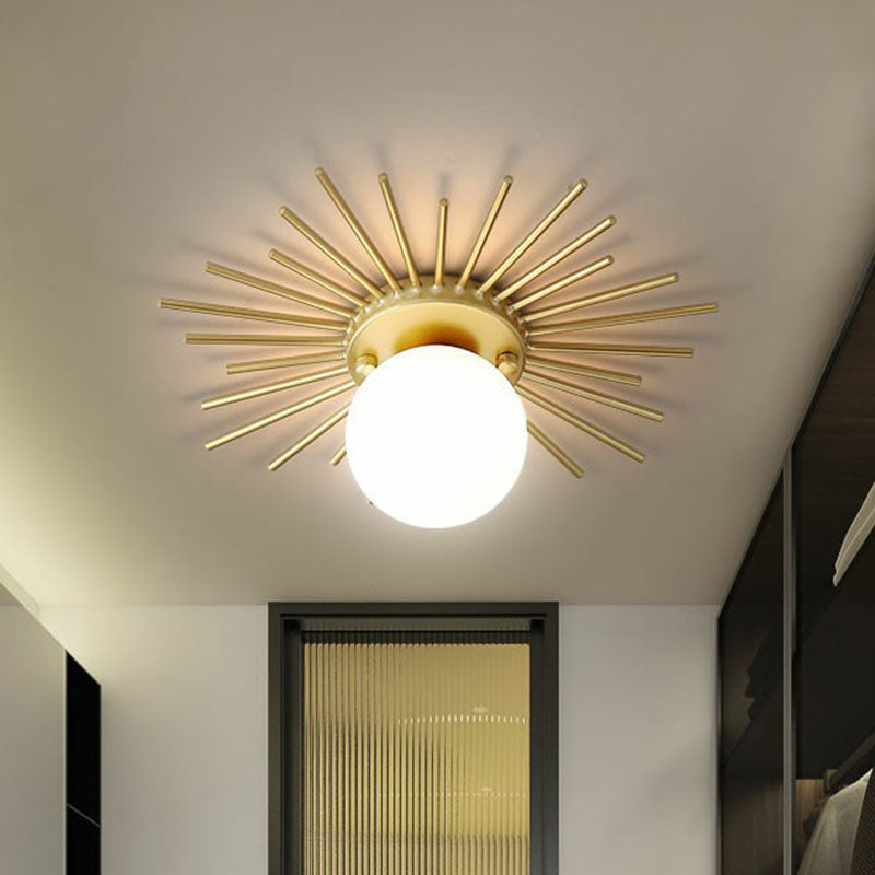 Sleek Opal Glass Semi-Flush Mount Ceiling Light For Foyer - Golden Sunburst Design Gold