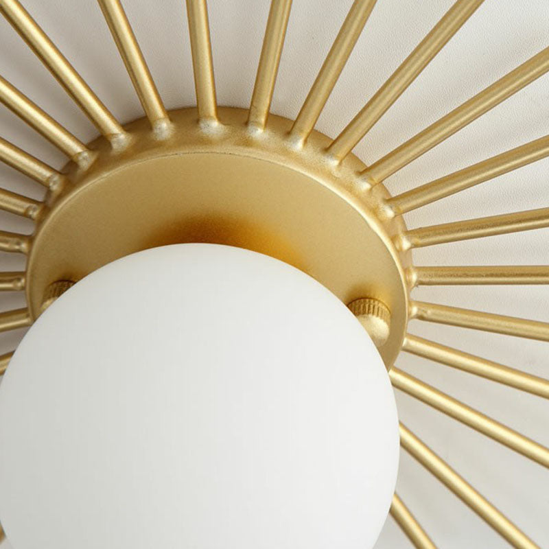Sleek Opal Glass Semi-Flush Mount Ceiling Light For Foyer - Golden Sunburst Design