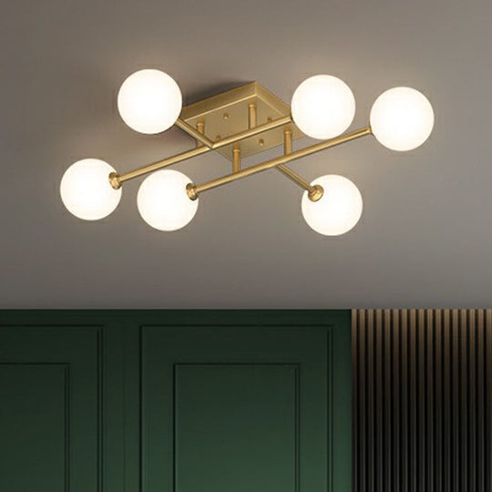 Simplicity Gold Finish Semi Flush Mount Ceiling Light With White Glass Balls