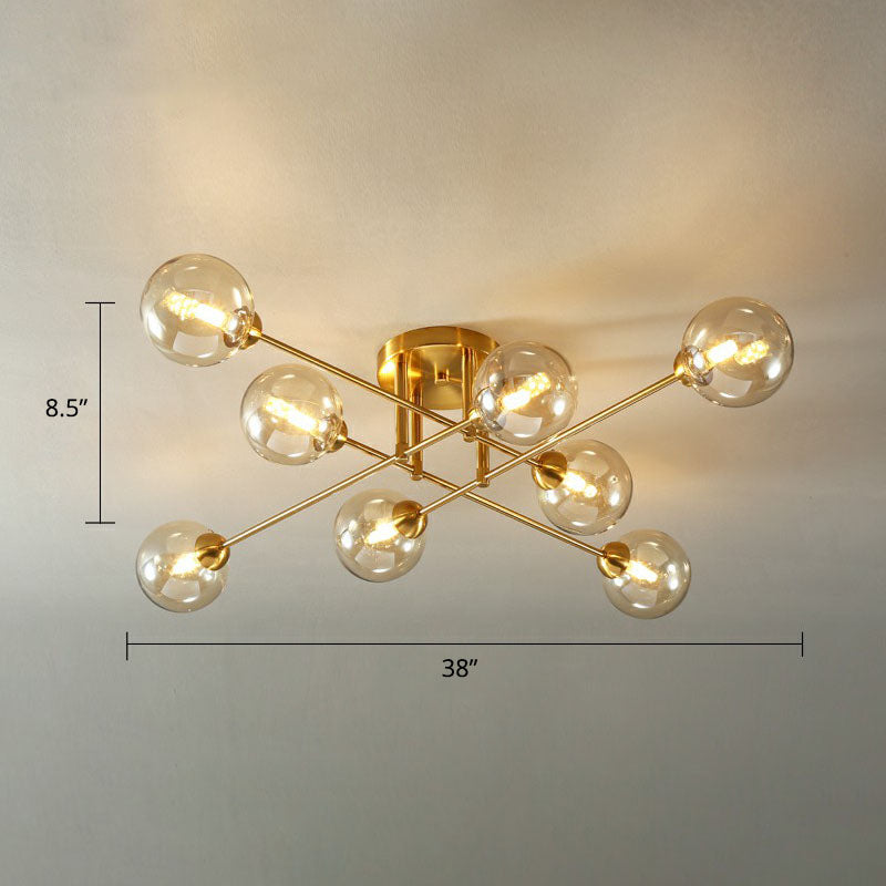 8-Head Parlor Semi Flush Light With Ball Amber Glass Shade Modern Ceiling Mounted Fixture Gold