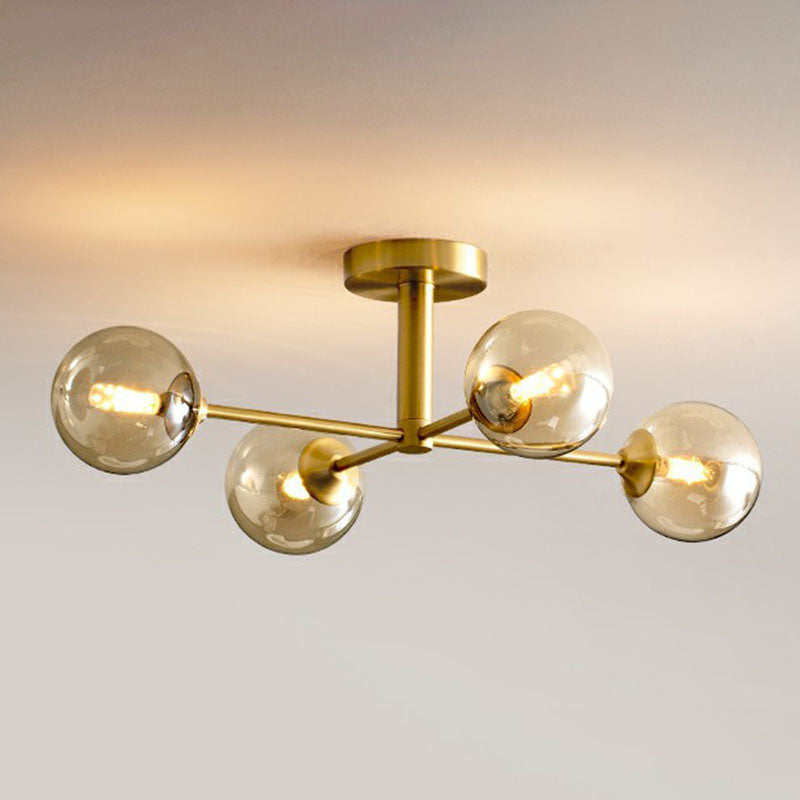 Amber Glass Semi-Flush Ceiling Pendant In Gold - Postmodern Spherical Dining Room Lighting 4 /