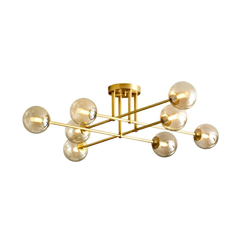 Amber Glass Semi-Flush Ceiling Pendant In Gold - Postmodern Spherical Dining Room Lighting