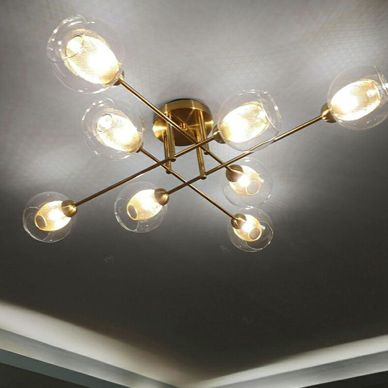 Postmodern Gold Finish Semi Flush Ceiling Light With Clear Glass Ball And Mesh Shade Inside