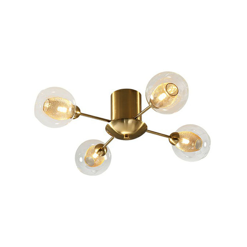 Postmodern Gold Finish Semi Flush Ceiling Light With Clear Glass Ball And Mesh Shade Inside 4 /
