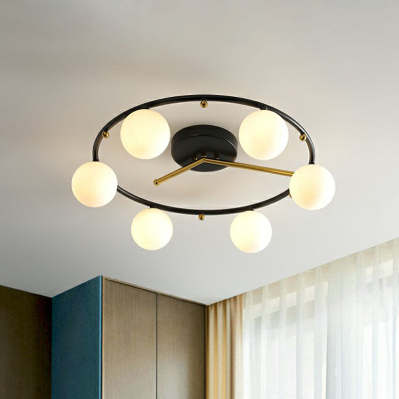 Postmodern Black & Brass 6-Head Ball Glass Ceiling Lamp: Stylish Semi Flush Mount Light