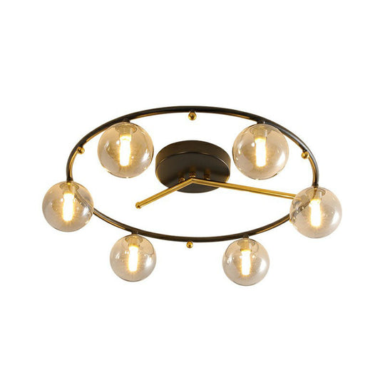 Postmodern Black & Brass 6-Head Ball Glass Ceiling Lamp: Stylish Semi Flush Mount Light Smoke Gray