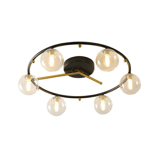Postmodern Black & Brass 6-Head Ball Glass Ceiling Lamp: Stylish Semi Flush Mount Light Clear