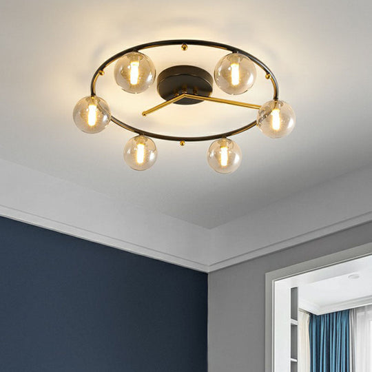 Postmodern Black & Brass 6-Head Ball Glass Ceiling Lamp: Stylish Semi Flush Mount Light