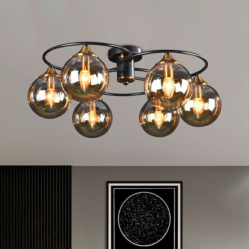 Post-Modern Glass Black Semi Flush Chandelier - Stylish Living Room Ceiling Light