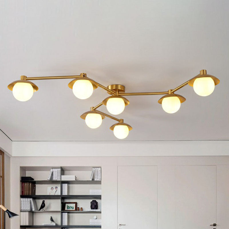 Modern Gold Finish Ceiling Light With Unique Molecule Design And White Glass Shade